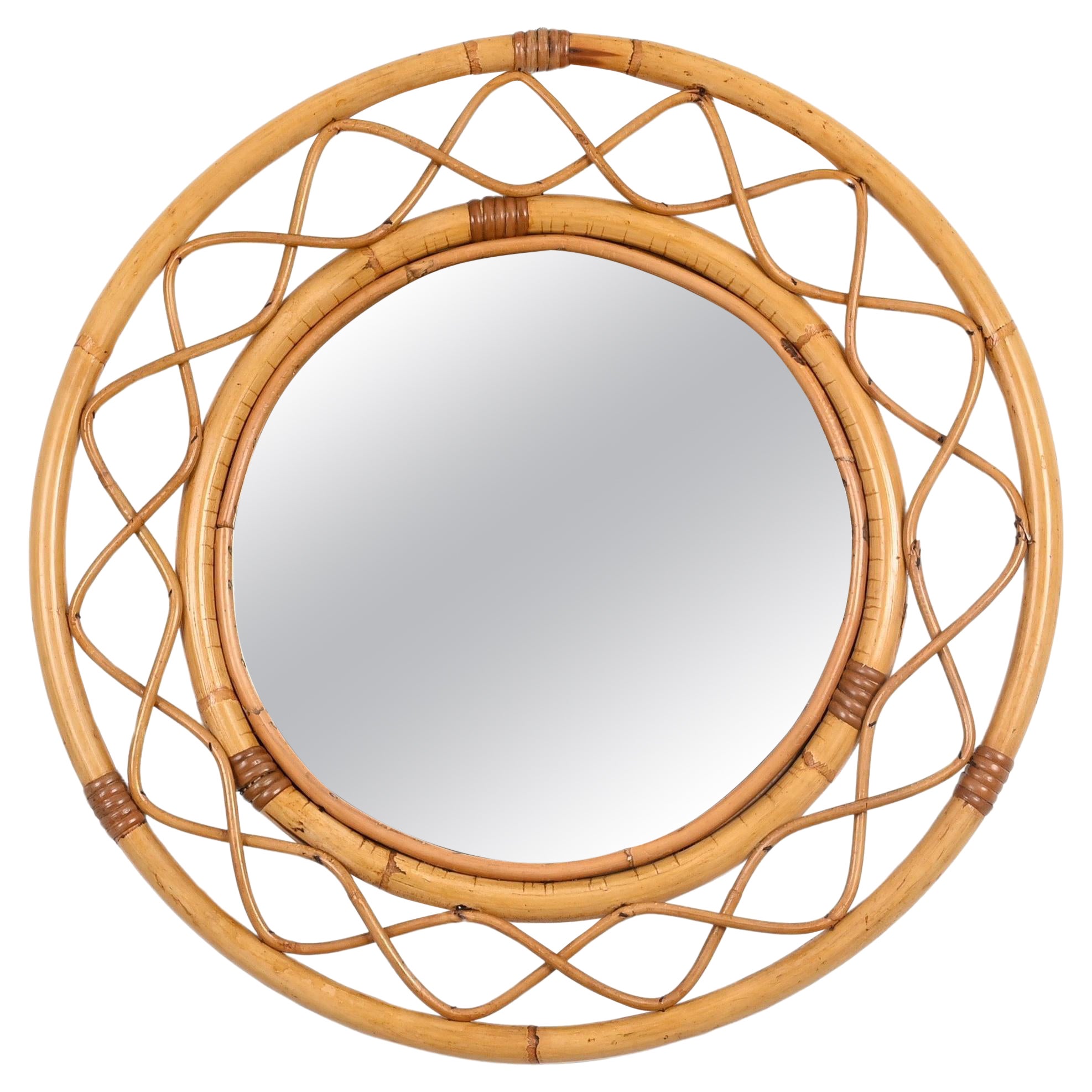 Midcentury Round Italian Mirror, Curved Bamboo, Rattan and Wicker Frame, 1960s For Sale