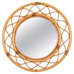 Midcentury Round Italian Mirror, Curved Bamboo, Rattan and Wicker Frame, 1960s