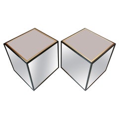 Pair of Retro mirror & black lacquer cube side tables by Henredon, USA 1970s