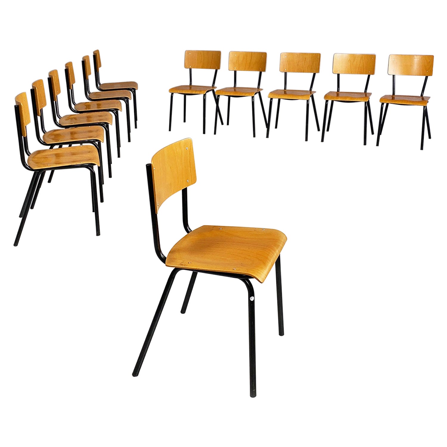Italian mid-century modern beech and black tubolar metal school chairs, 1960s For Sale