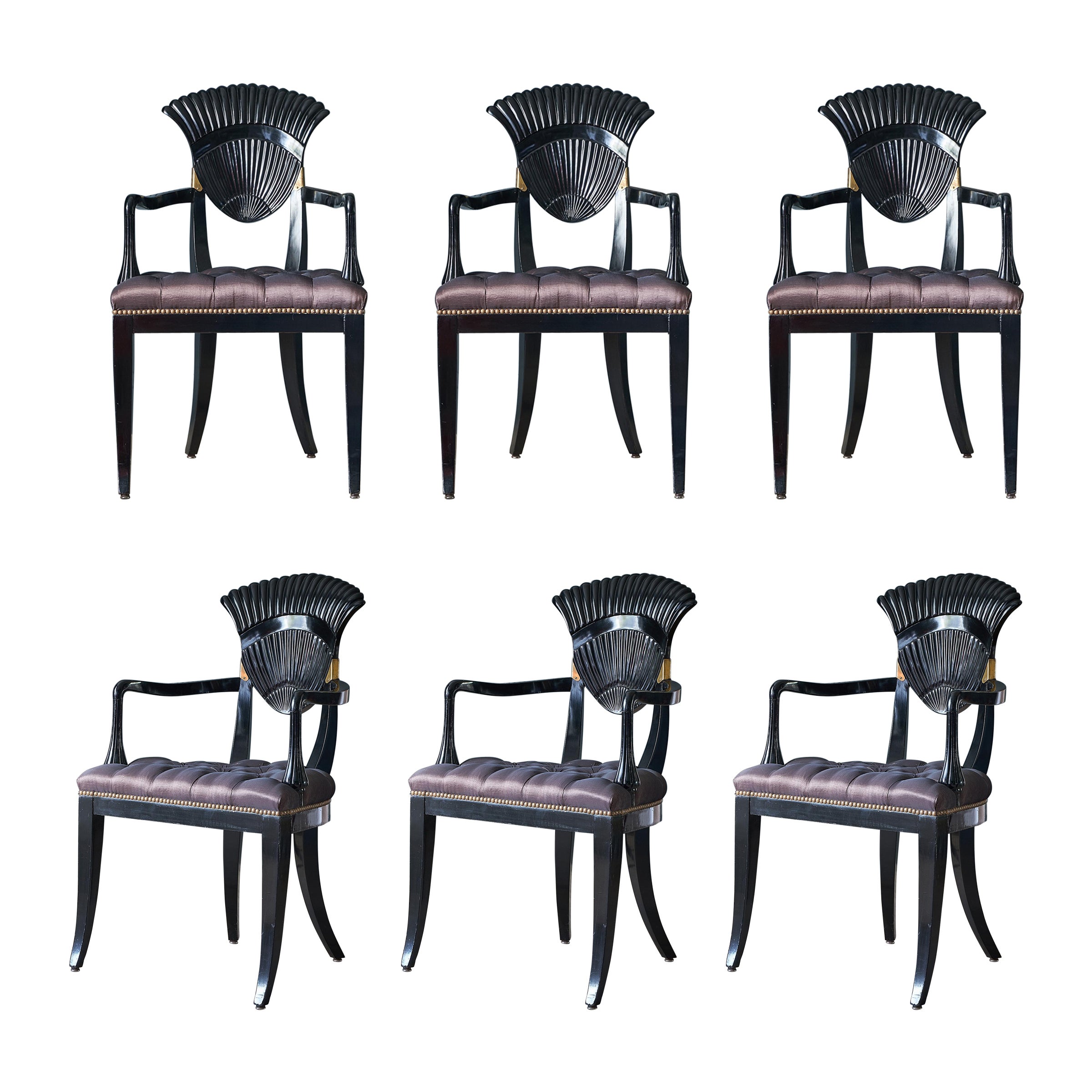 A set of six Continental ebonised wood dining chairs, Italy, circa 1940 For Sale