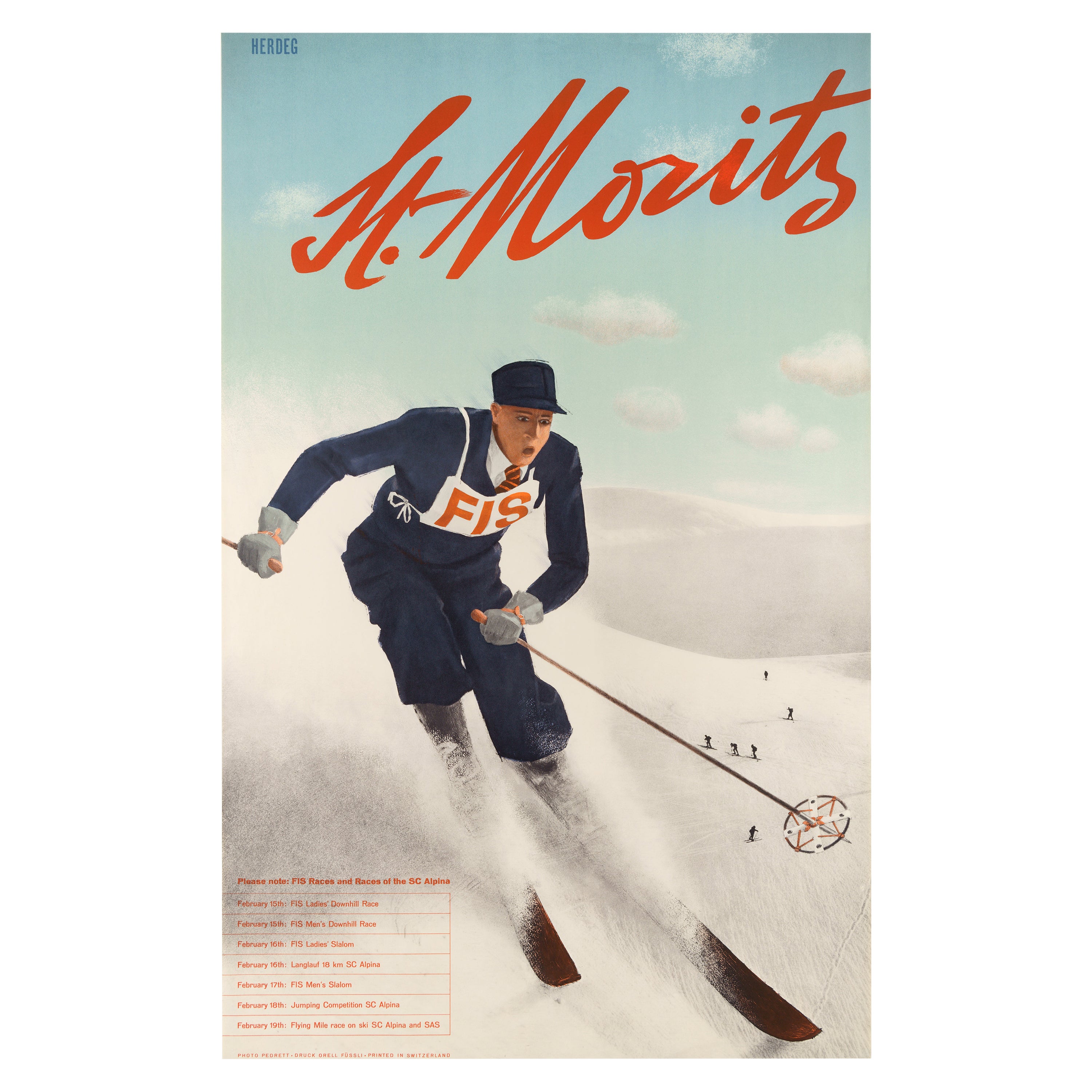 Original Vintage Poster Ski Race St. Moritz Switzerland