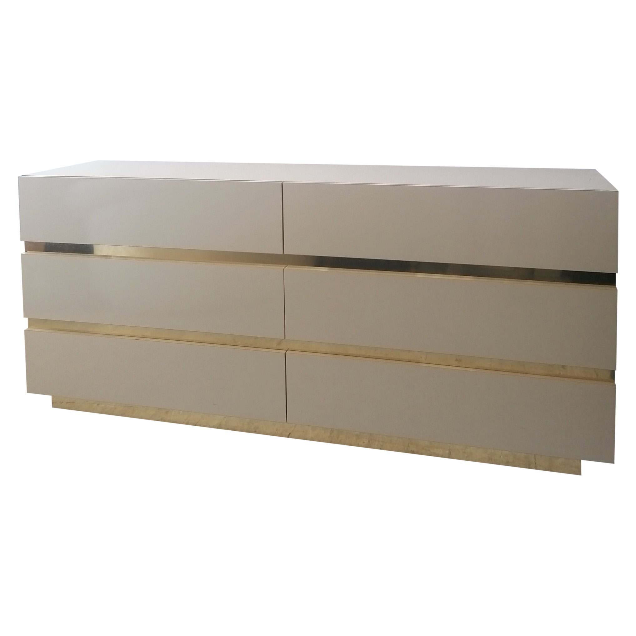 1980s American cream & gold metal sideboard / dresser with drawers
