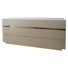 Vintage 1980s American cream & gold metal sideboard / dresser with drawers