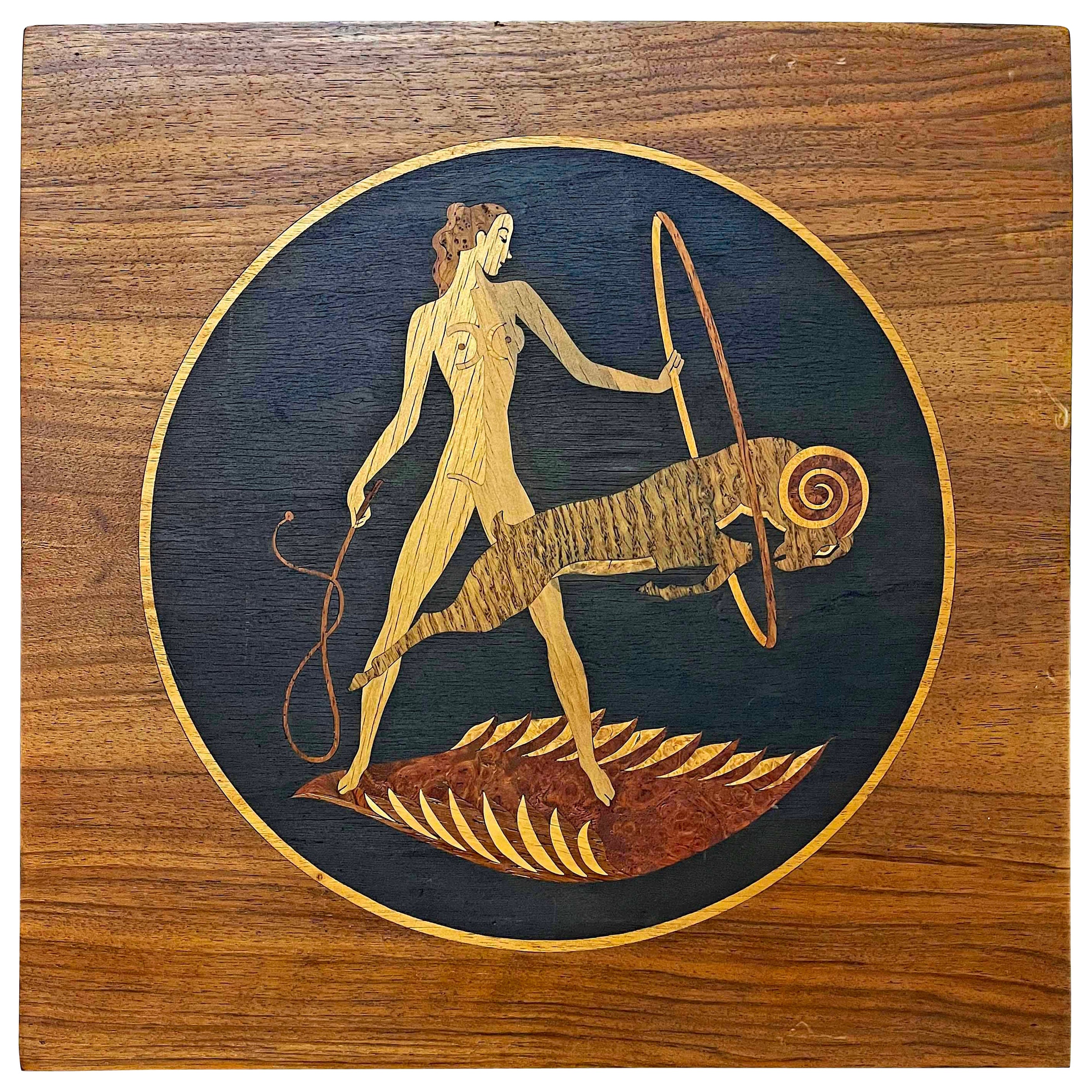 "Ringmaster and Ram", Art Deco Circus Theme Inlaid Wood Panel w/ Female Nude For Sale
