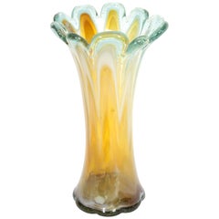 Midcentury Scalloped Murano Vase in Amber, White and Clear Glass 