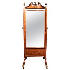 Antique Very Fine Large Late 19th Century Mahogany and Satinwood Marquetry Cheval Mirror