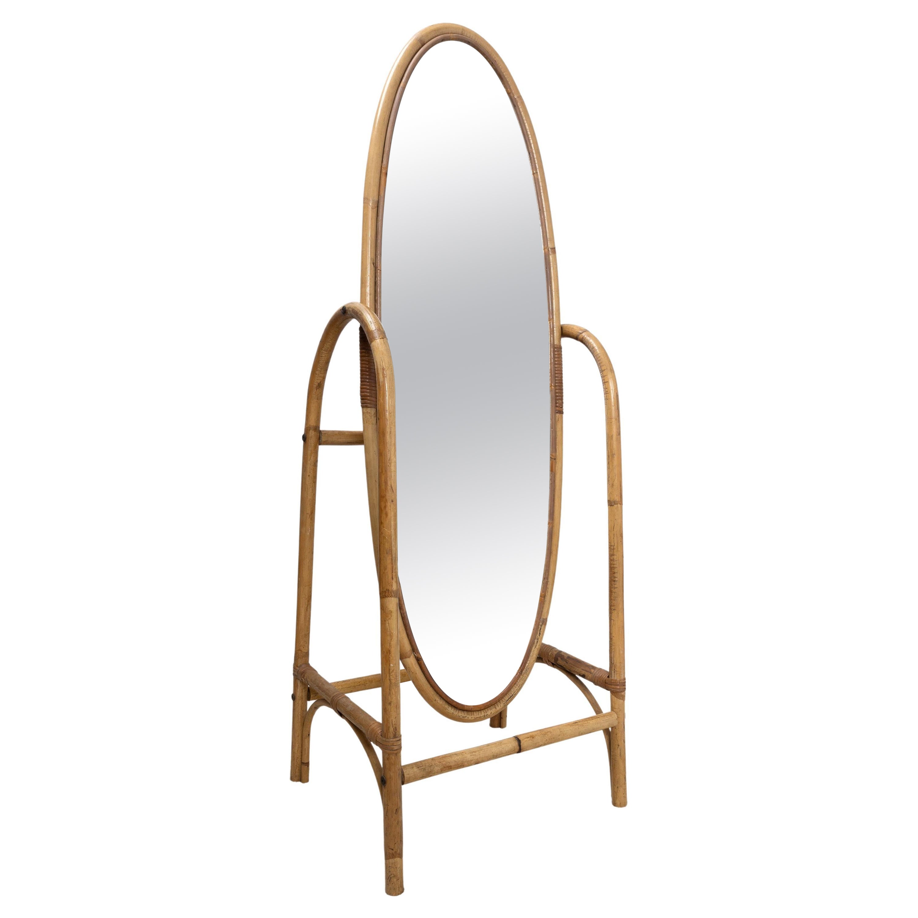 Mid Century Italian Bamboo Rattan Freestanding Floor Full Length Mirror  For Sale