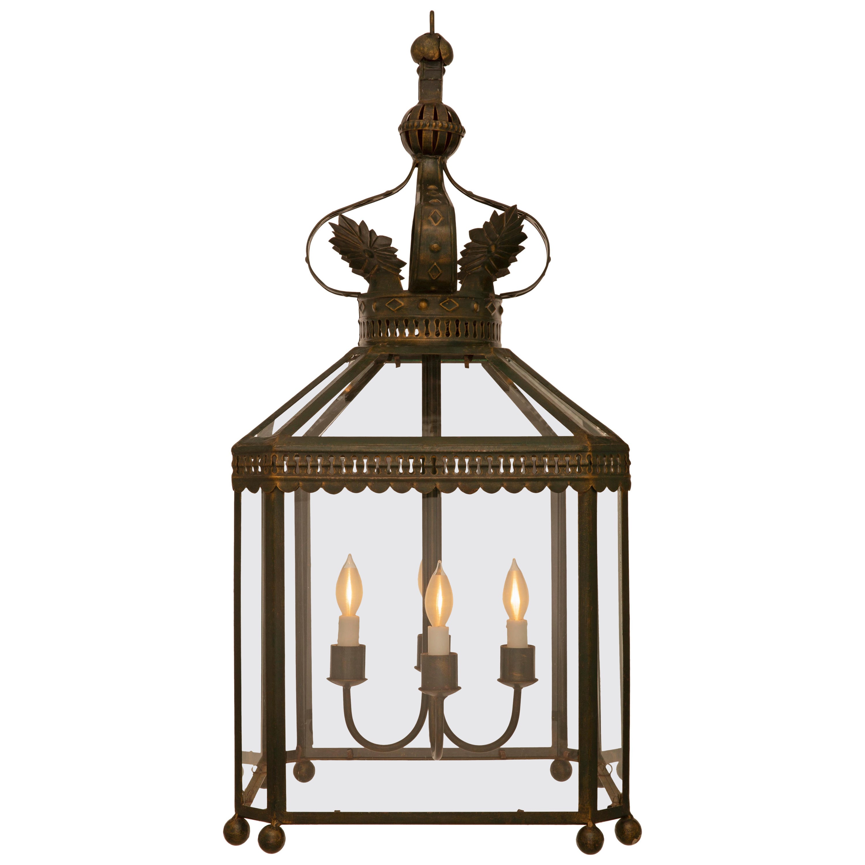 French Turn of the Century Louis XVI st. Wrought Iron lantern For Sale
