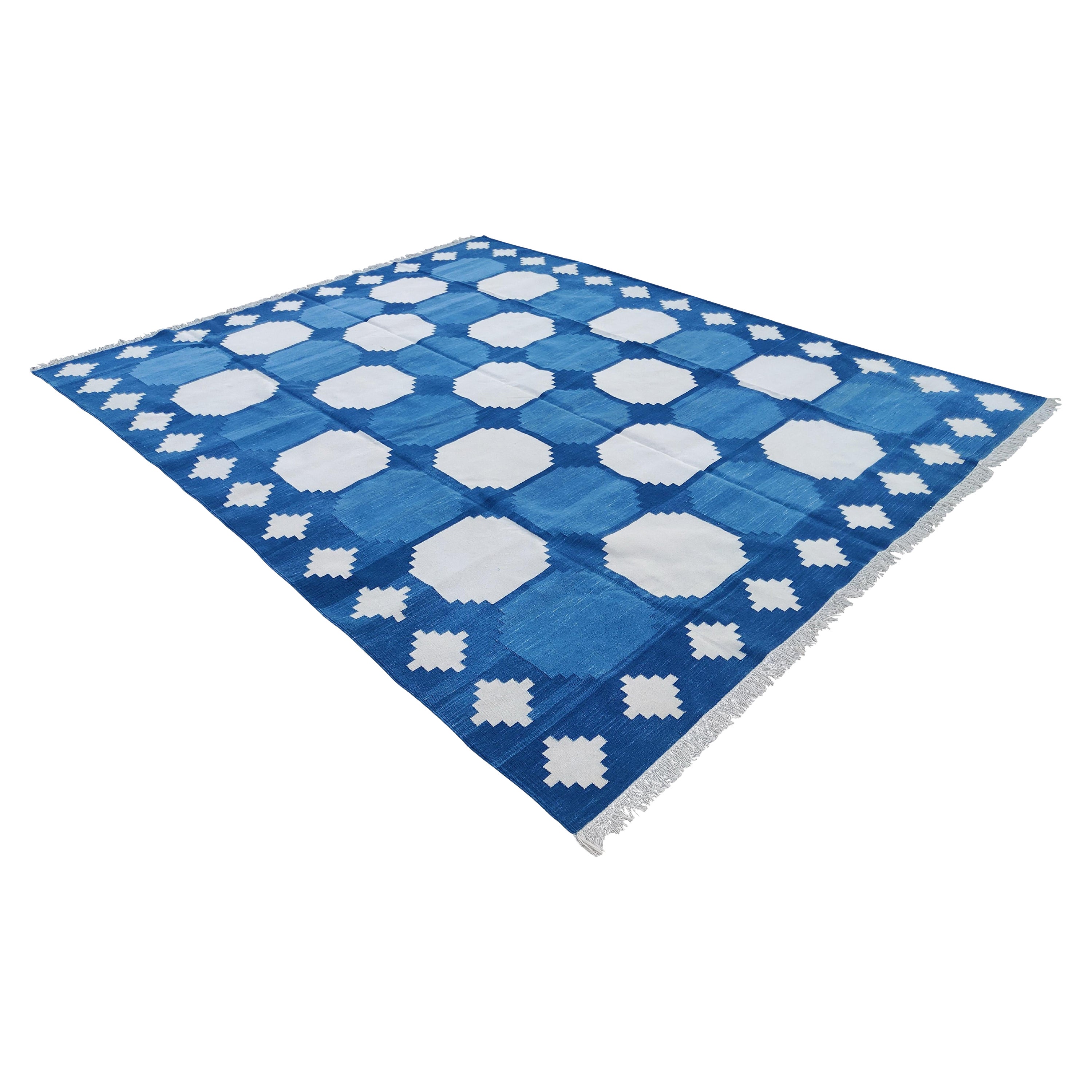 Handmade Cotton Area Flat Weave Rug, Blue And White Geometric Indian Dhurrie-6x9 For Sale