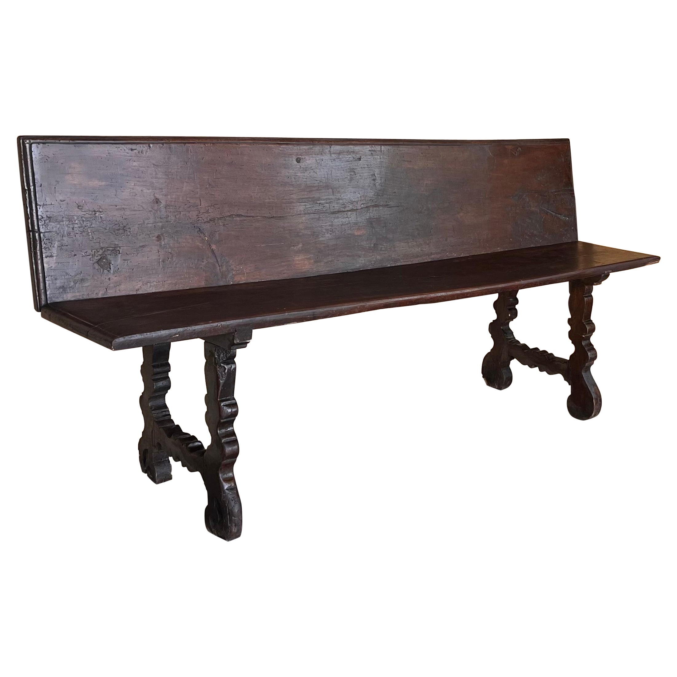20th Century Spanish Renaissance Carved Walnut Bench Banquette "Escaño" For Sale