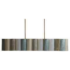 Long Brass Chandelier With Beige, Blue and Grey Murano Glass Panels