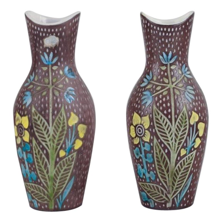 Mari Simmulson for Upsala Ekeby. Pair of ceramic vases. Floral motifs For Sale