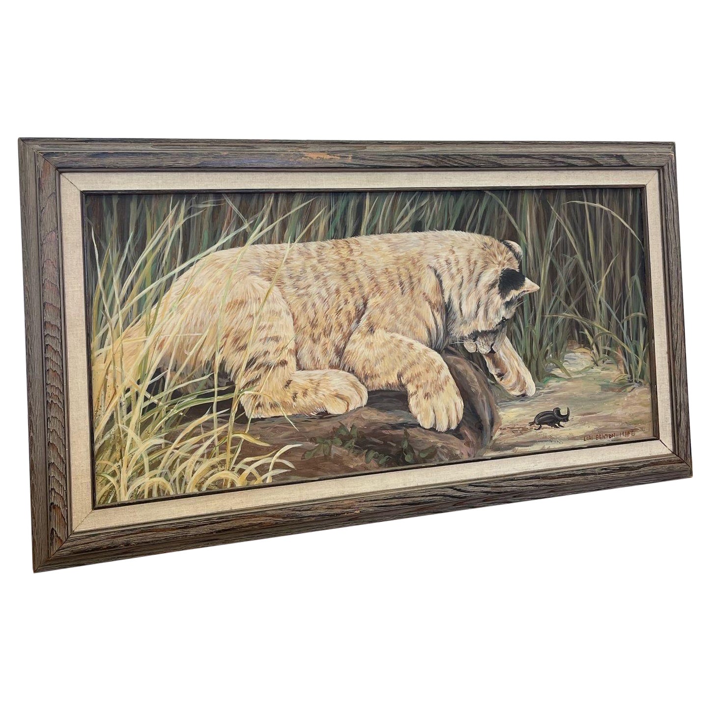 Vintage Original Framed and Signed Painting of Lion Cub by Lori Benton Circa1988 For Sale
