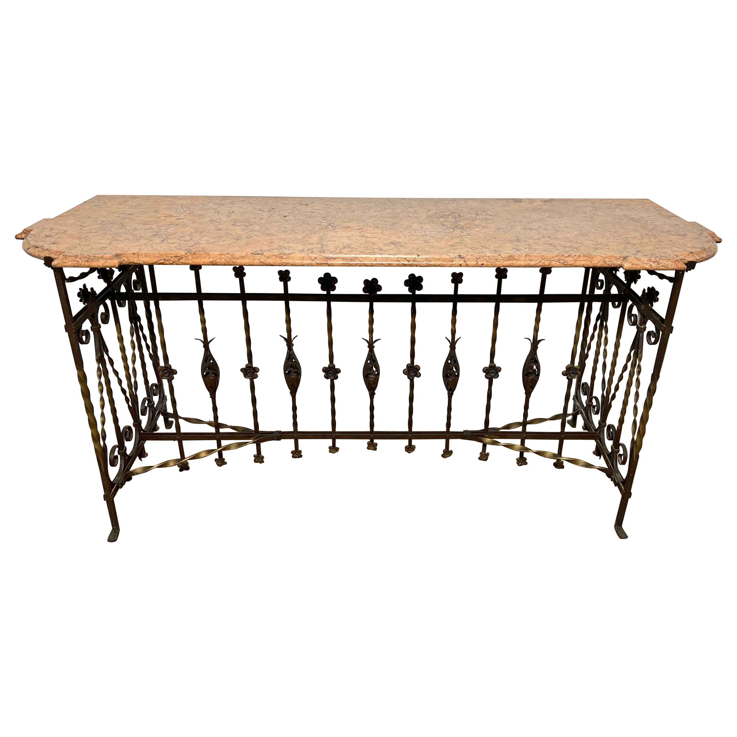 Ancienne table console française en fer forgé et marbre du 19ème siècle 