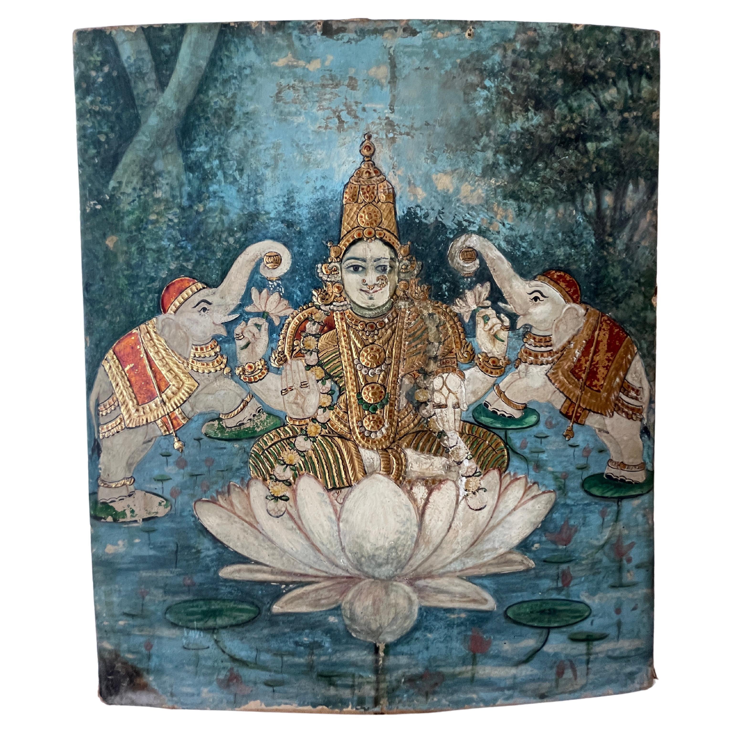 Antique Indian Tanjore Goddess  Laxmi Painting For Sale