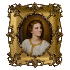 Portrait de Jésus-Christ sur porcelaine de la fin du 19e siècle dans son cadre doré d'origine
