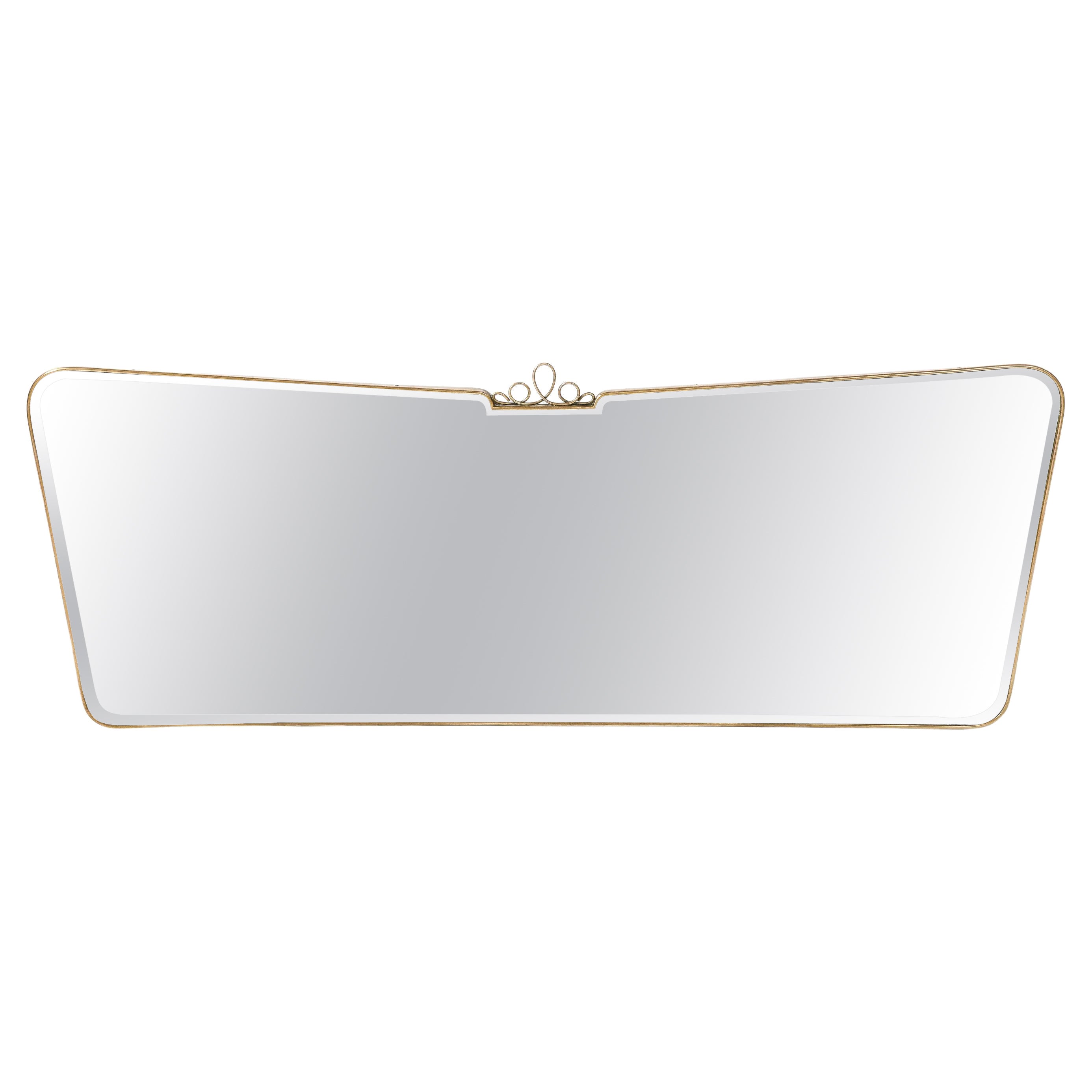 Midcentury Italian Modernist Horizontal Overmantel Brass Scroll Beveled Mirror For Sale