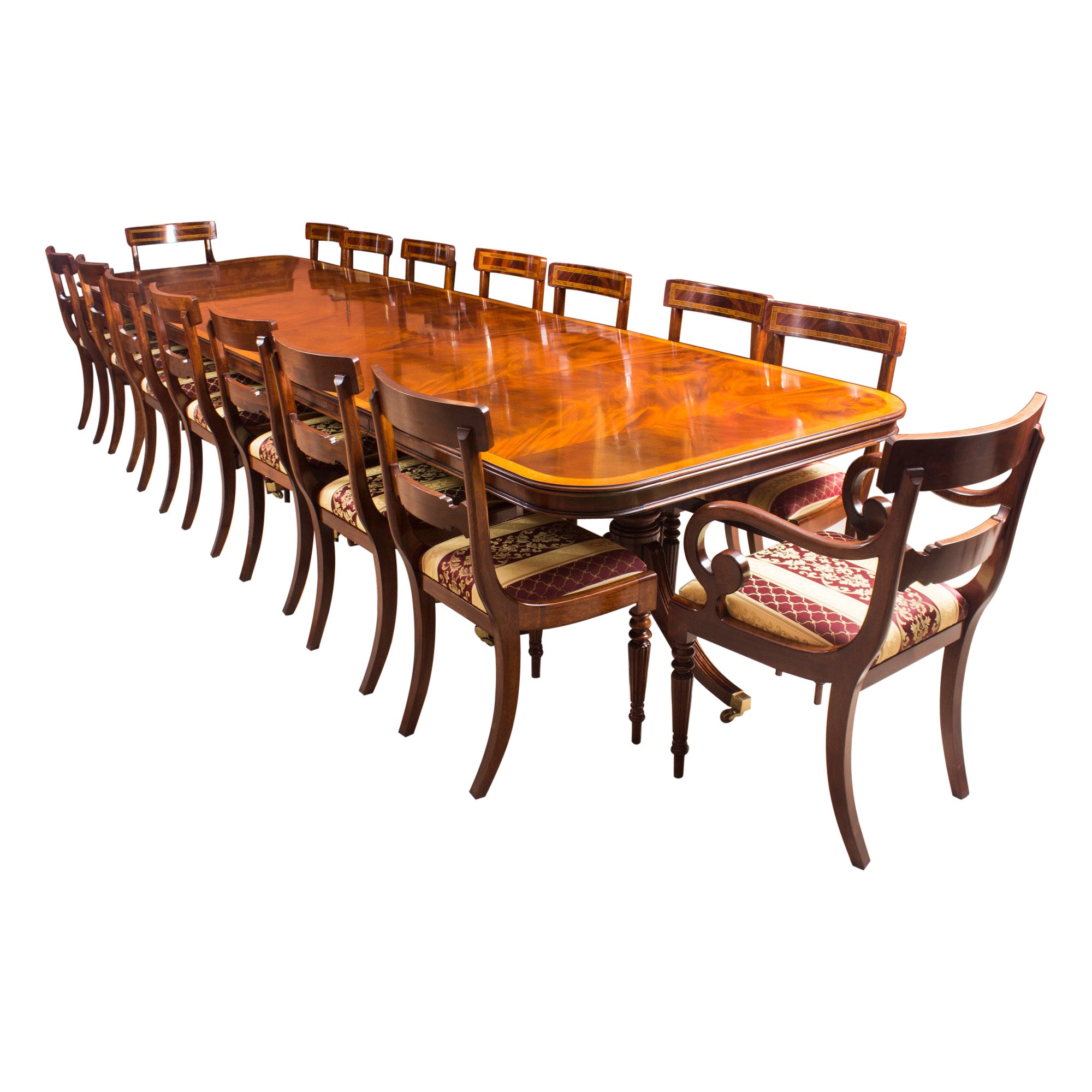Vintage 14 ft Three Pillar Mahogany Dining Table and 16 Chairs 20th Century For Sale