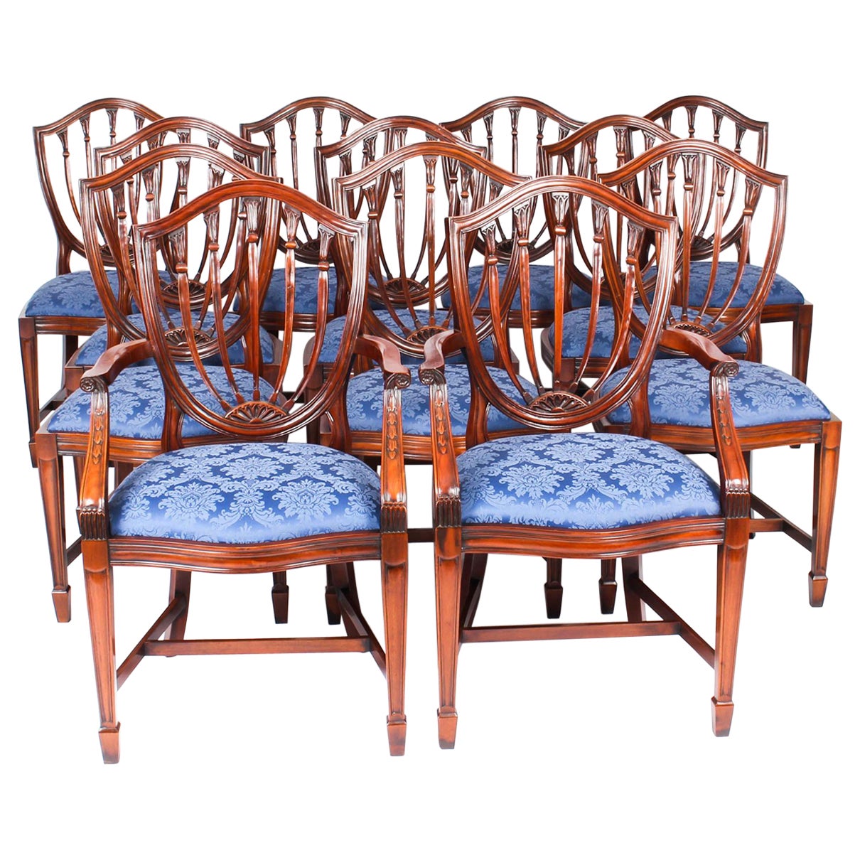 Vintage Set 12 English Hepplewhite Revival Dining Chairs 20th Century For Sale