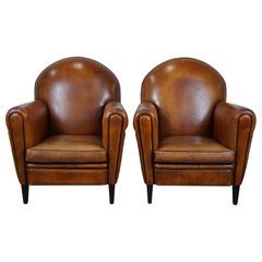 Vintage Set of two sheep leather Art Deco style design armchairs with a beautiful patina