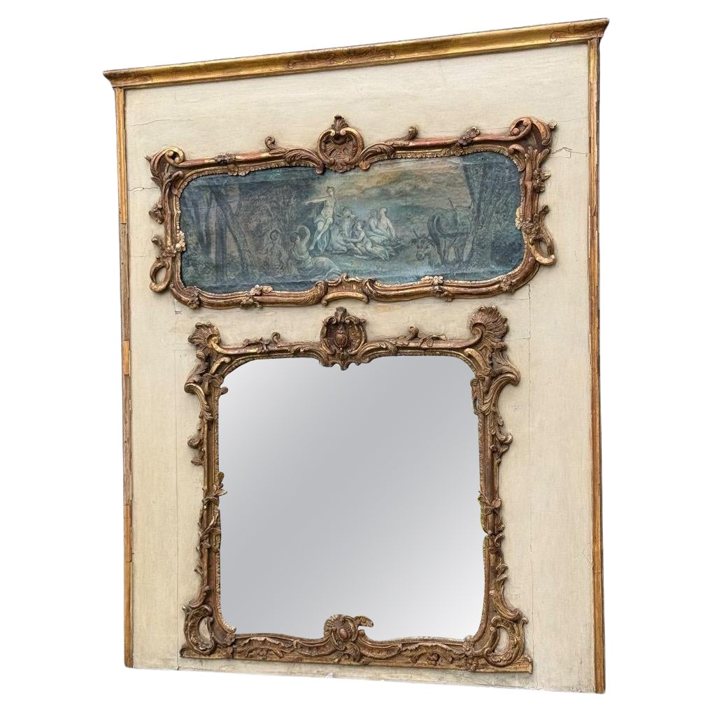 Fireplace Mirror Or Trumeau, Oil On Canvas And Gilded Wood, 18th Century For Sale