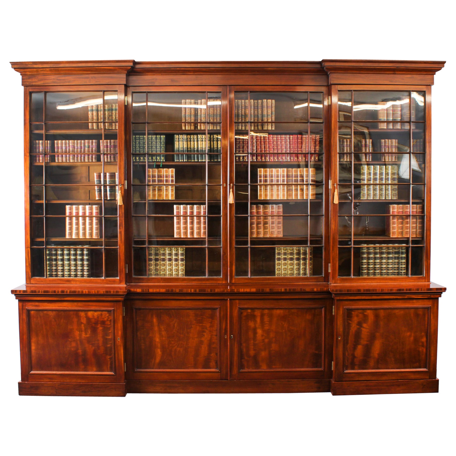 Antique English William IV Flame Mahogany Library Breakfront Bookcase 19th C For Sale