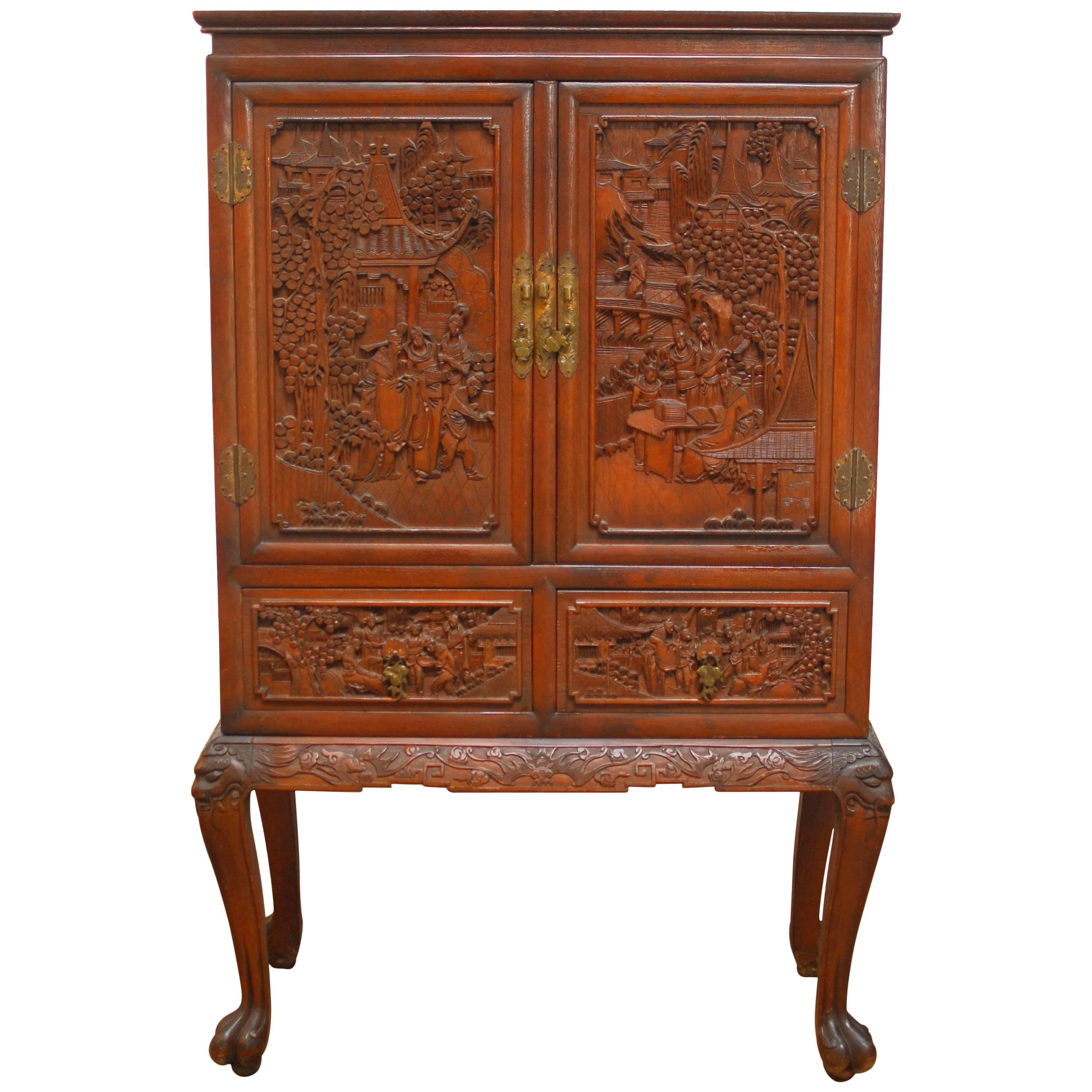 Chinese Highly Carved Liquor Cabinet on Stand