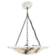 Large & Timeless Exquisite White & Black Antique Flat Alabaster Pendant Light 