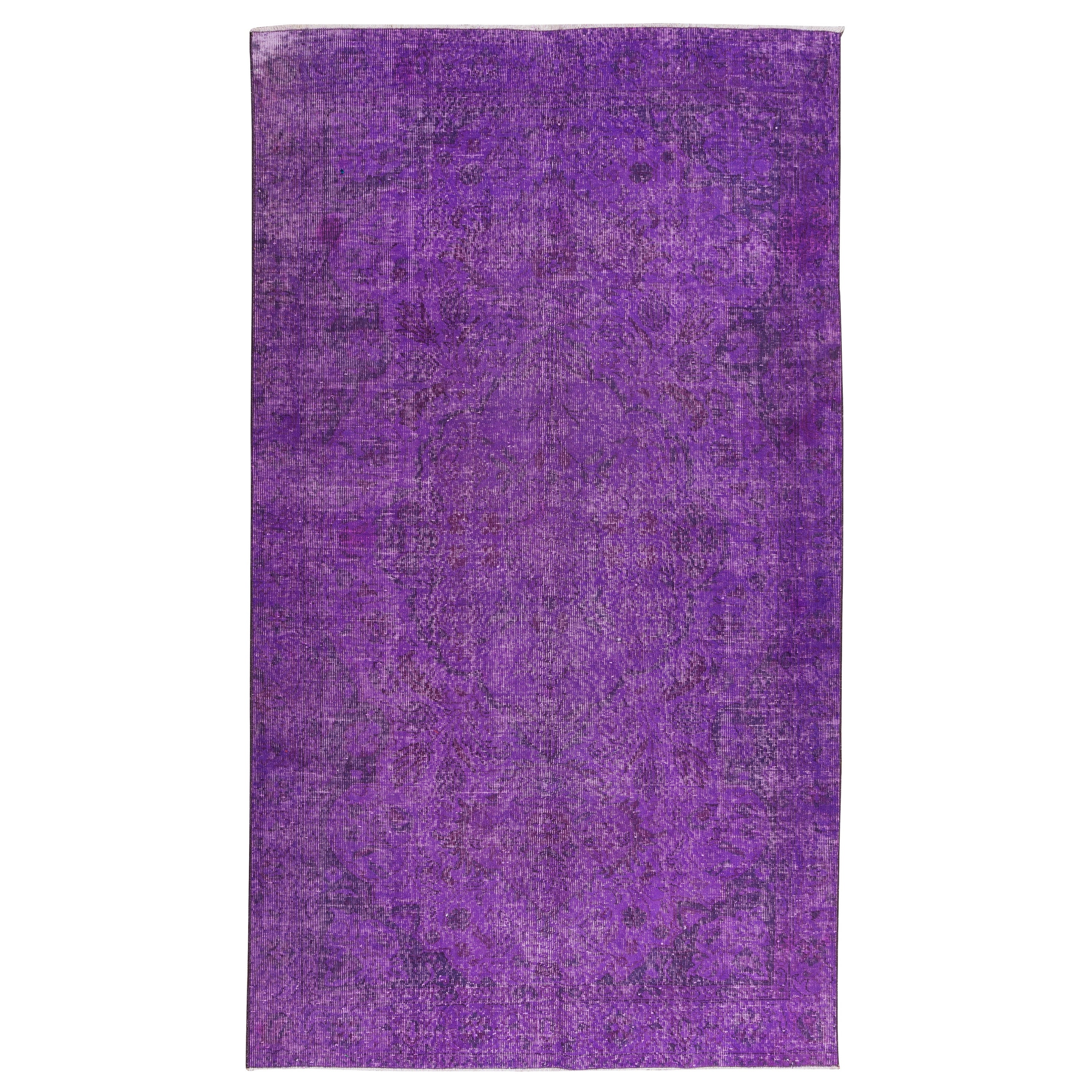 5x8.8 Ft Handmade Turkish Rug Over-Dyed in Purple, Modern Solid Pattern Carpet For Sale