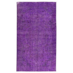 Vintage 5x8.8 Ft Handmade Turkish Rug Over-Dyed in Purple, Modern Solid Pattern Carpet