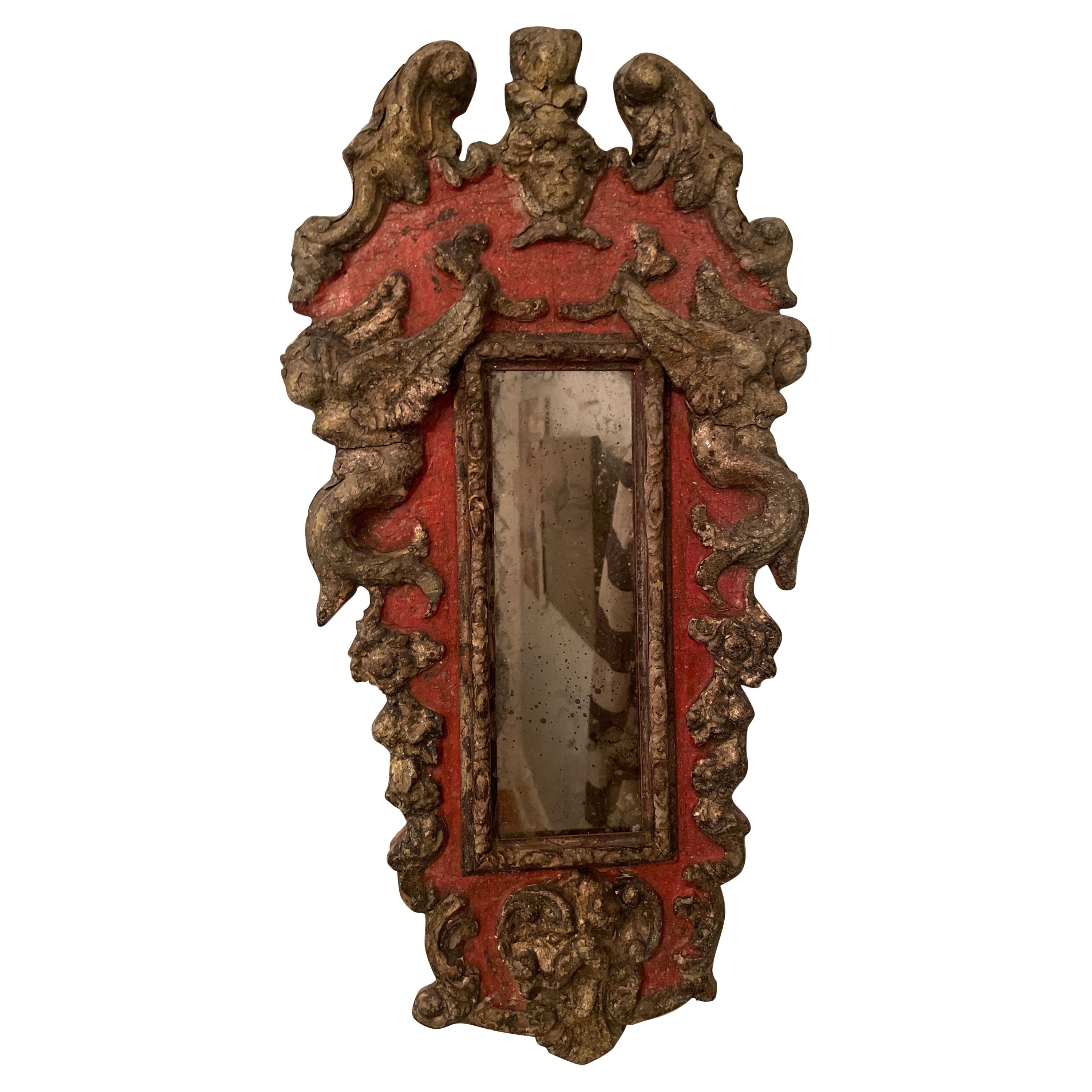 19th  C A.I.C. miroir italien en argent doré et peint en rouge.  en vente