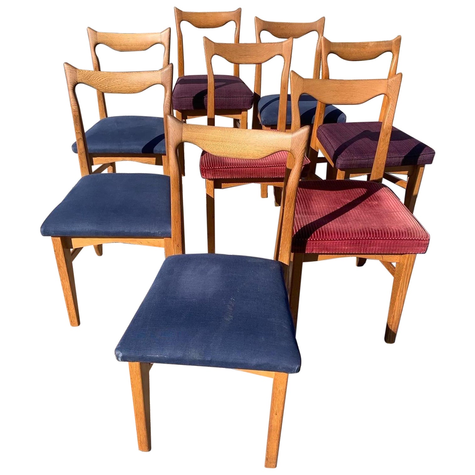 Set of eight chairs Guillerme et Chambron in solid oak For Sale