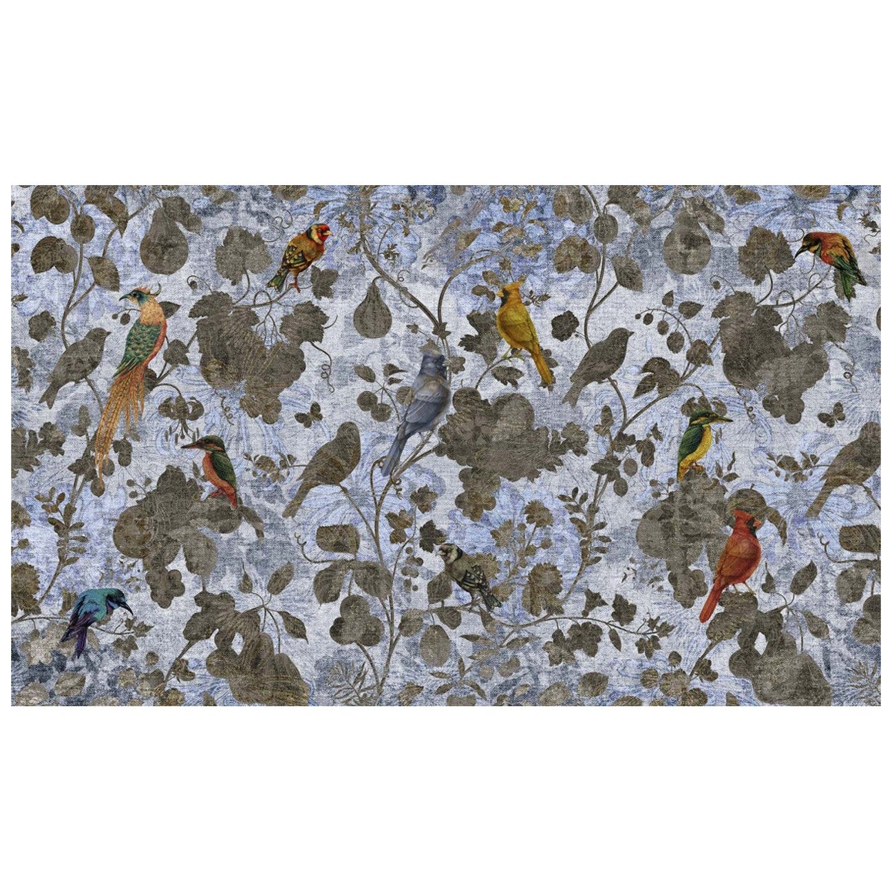 Paradise Birds Indigo  Wall Paper in Fabric also suitable for wet area  For Sale