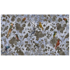 Paradise Birds Indigo  Wall Paper in Fabric also suitable for wet area 