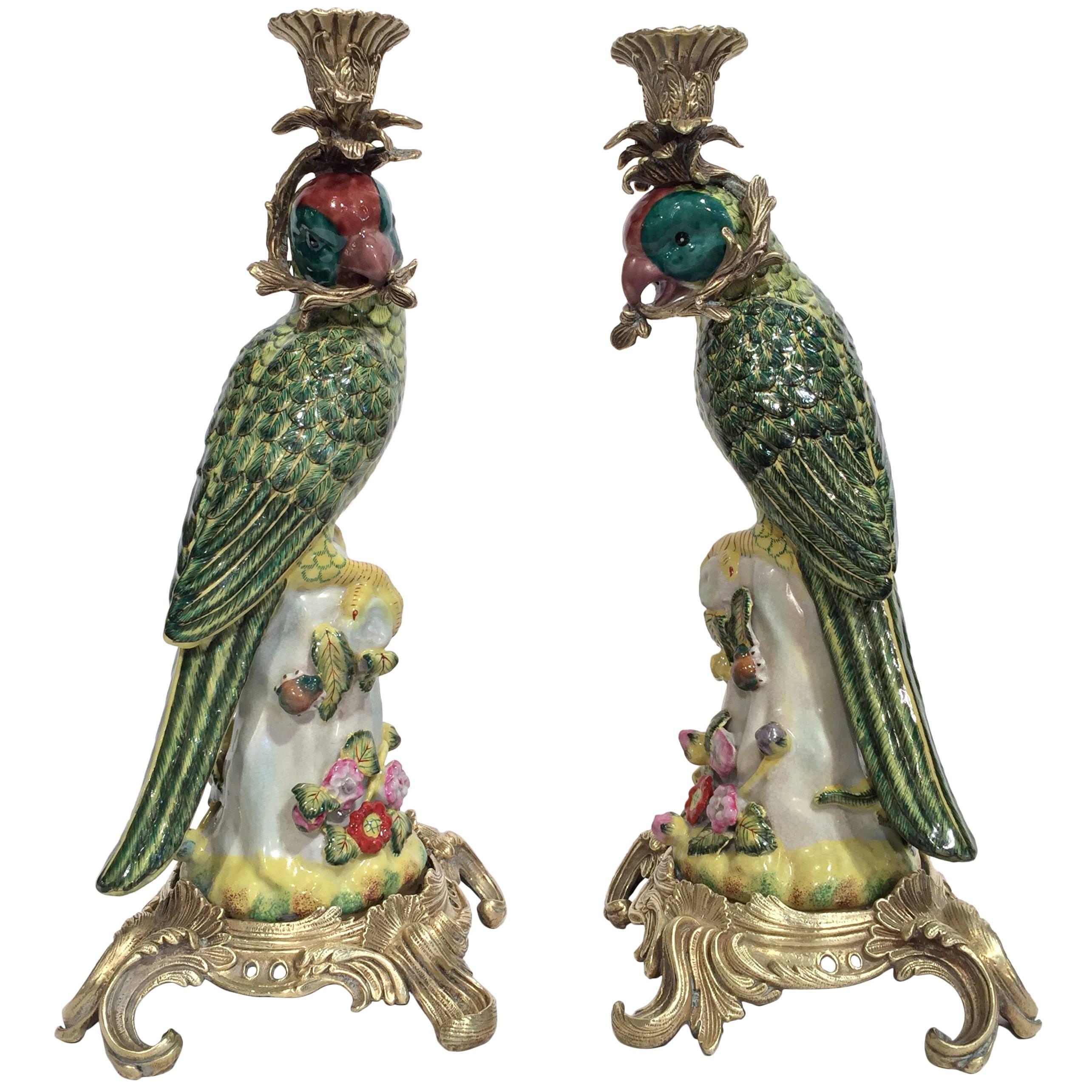 Pair of Antique Faience Candle Holders with Parrots on Bronze Bases 