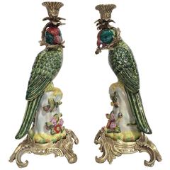 Pair of Antique Faience Candle Holders with Parrots on Bronze Bases 