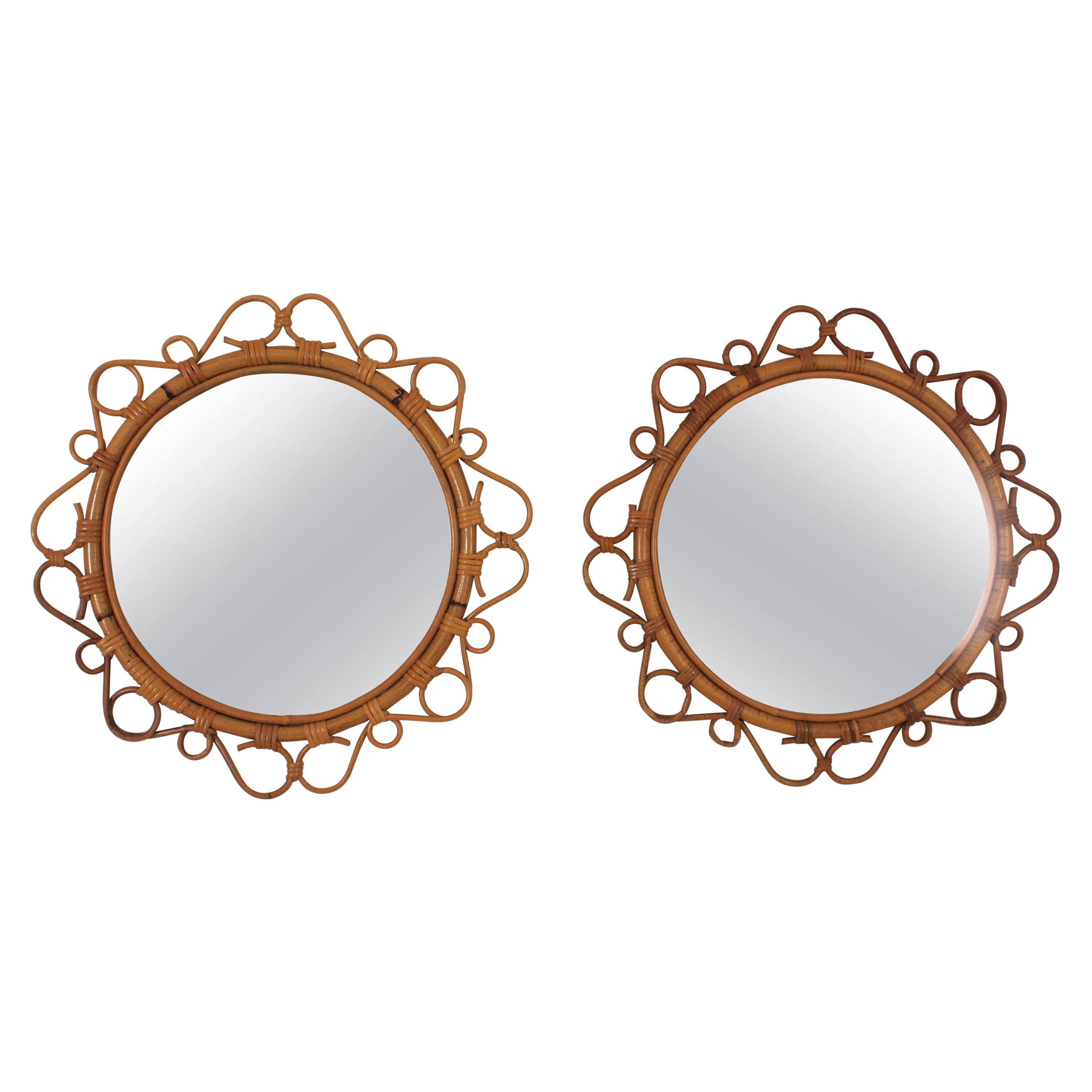 Pair of Spanish Rattan Bamboo Round Mirrors, 1960s