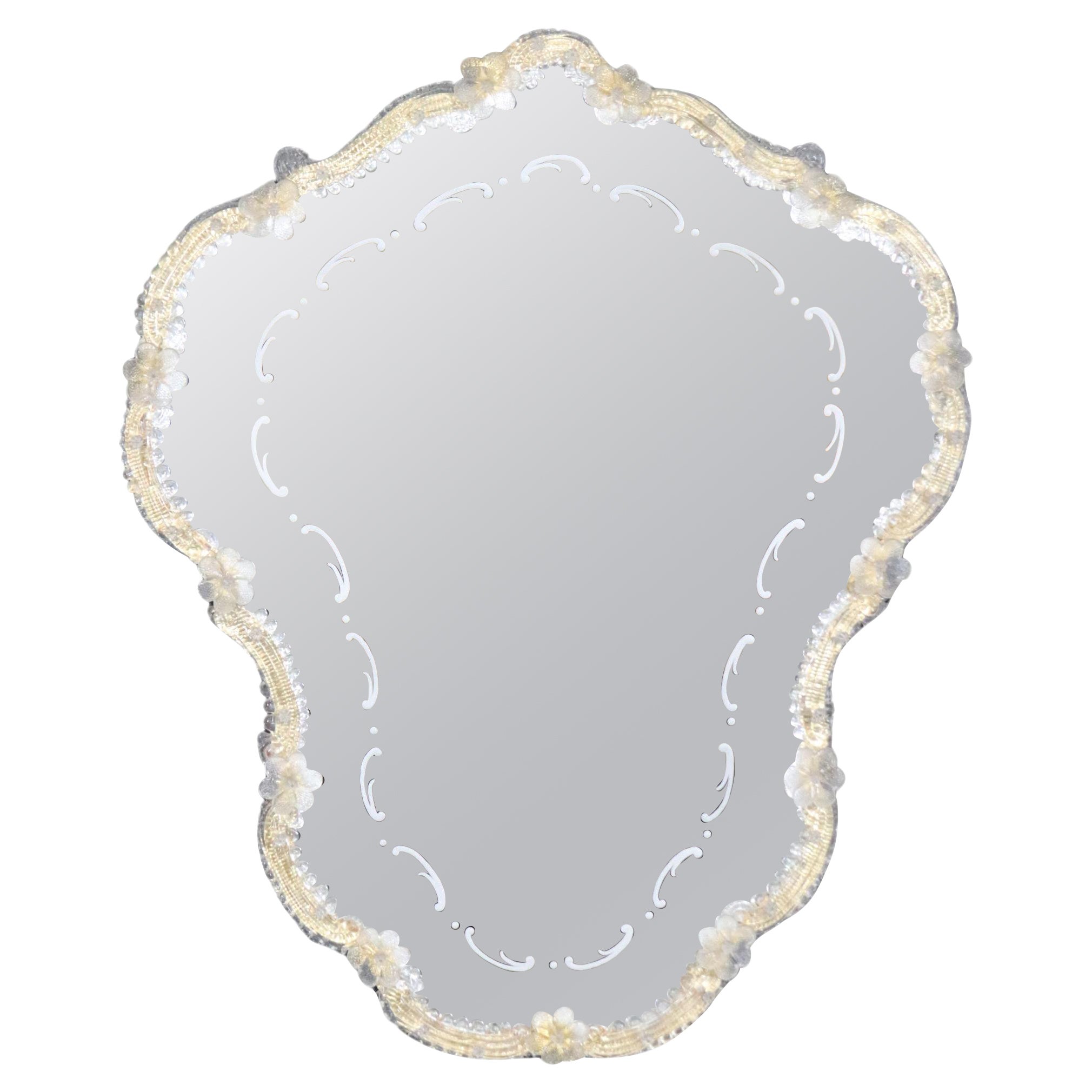 Superb Large Italian Murano Florette and Gold infused Glass Mirror   For Sale