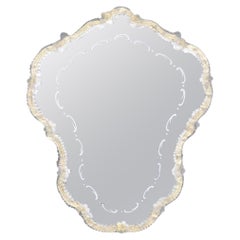 Superbe miroir italien en verre de Murano à fleurs et incrustation d'or  