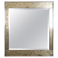 Retro Very Large LaBarge Reverse Paint Decorated Chinoiserie Eglomise Beveled Mirror 