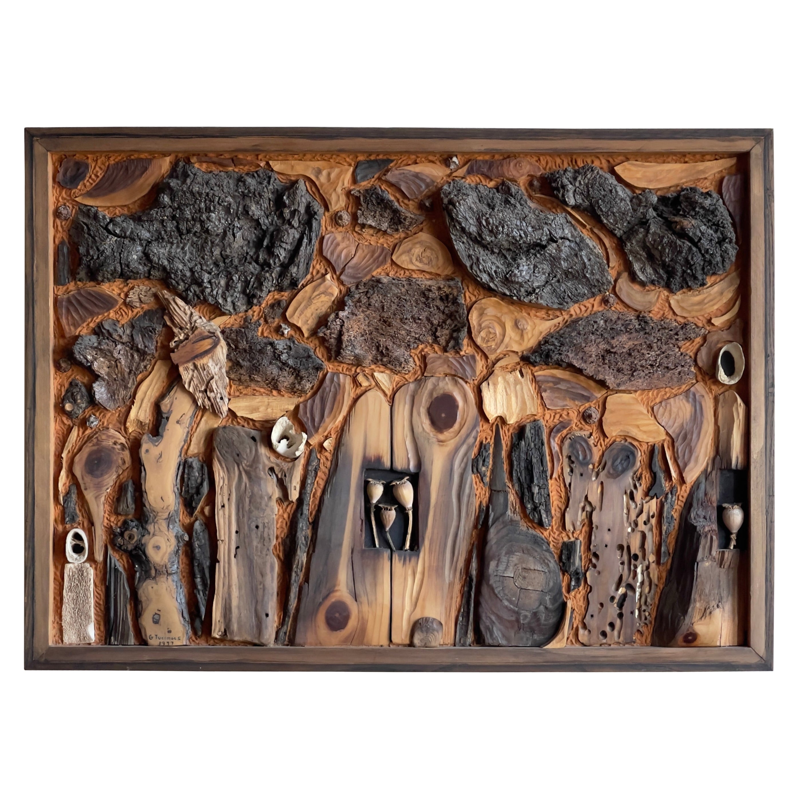 Collage of natural elements in solid pine frame by G. Tvermoes Denmark 1977  For Sale