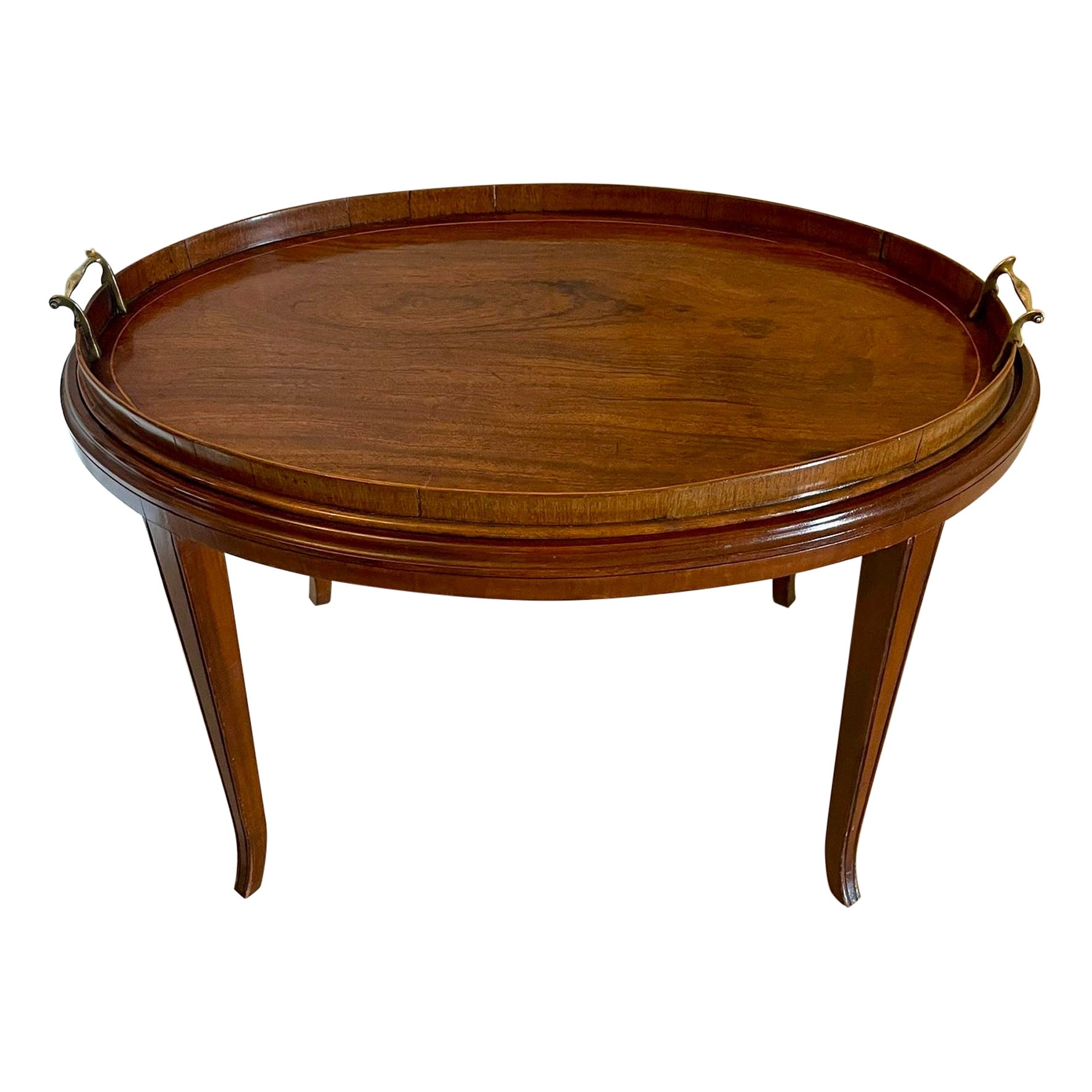 Large Antique Edwardian Oval Quality Figured Mahogany Tea Tray on Stand 