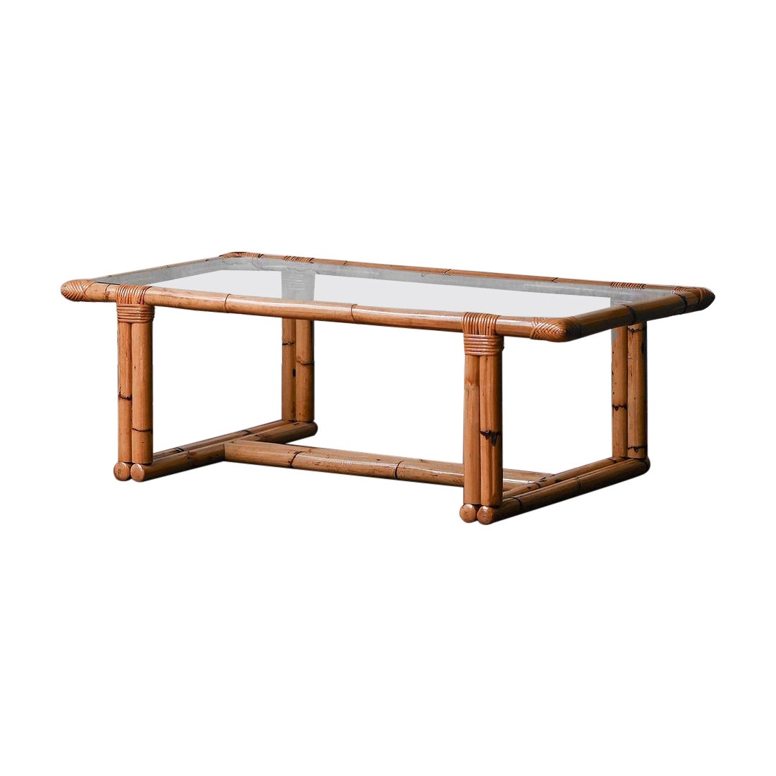 Bamboo coffee table with glass top 1980 For Sale