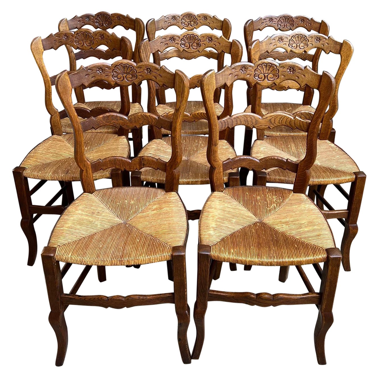 Set 8 Antique French Country Dining Chairs Carved Oak Rush Seat Ladder Back