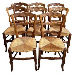 Set 8 Antique French Country Dining Chairs Carved Oak Rush Seat Ladder Back
