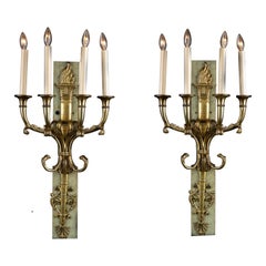 Antique Pair of 19th Century Bronze Empire Sconces with Torch and Eagle Heads