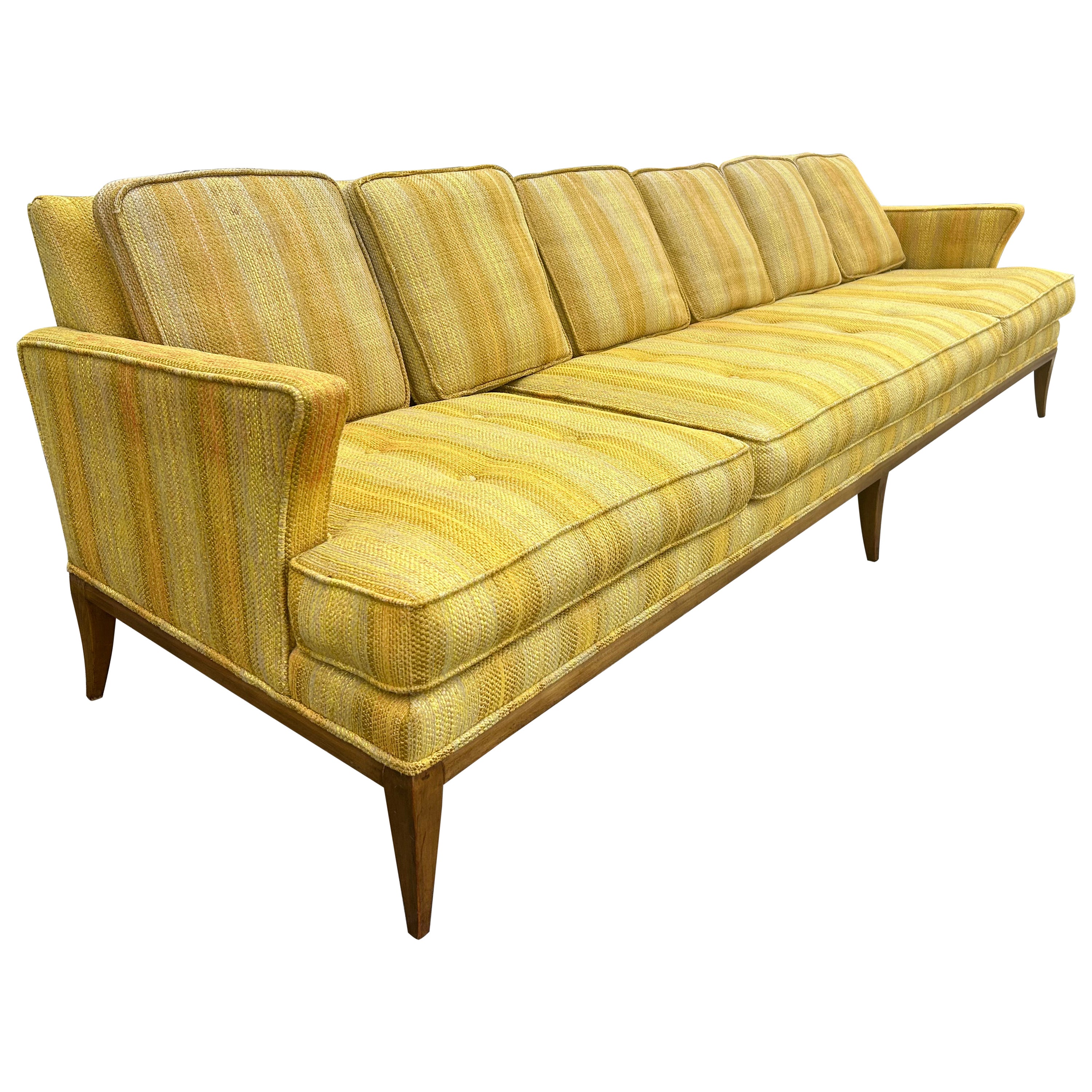 Handsome Tomlinson style X-Long Sofa Pecan Wood Sofa Mid-Century Modern For Sale