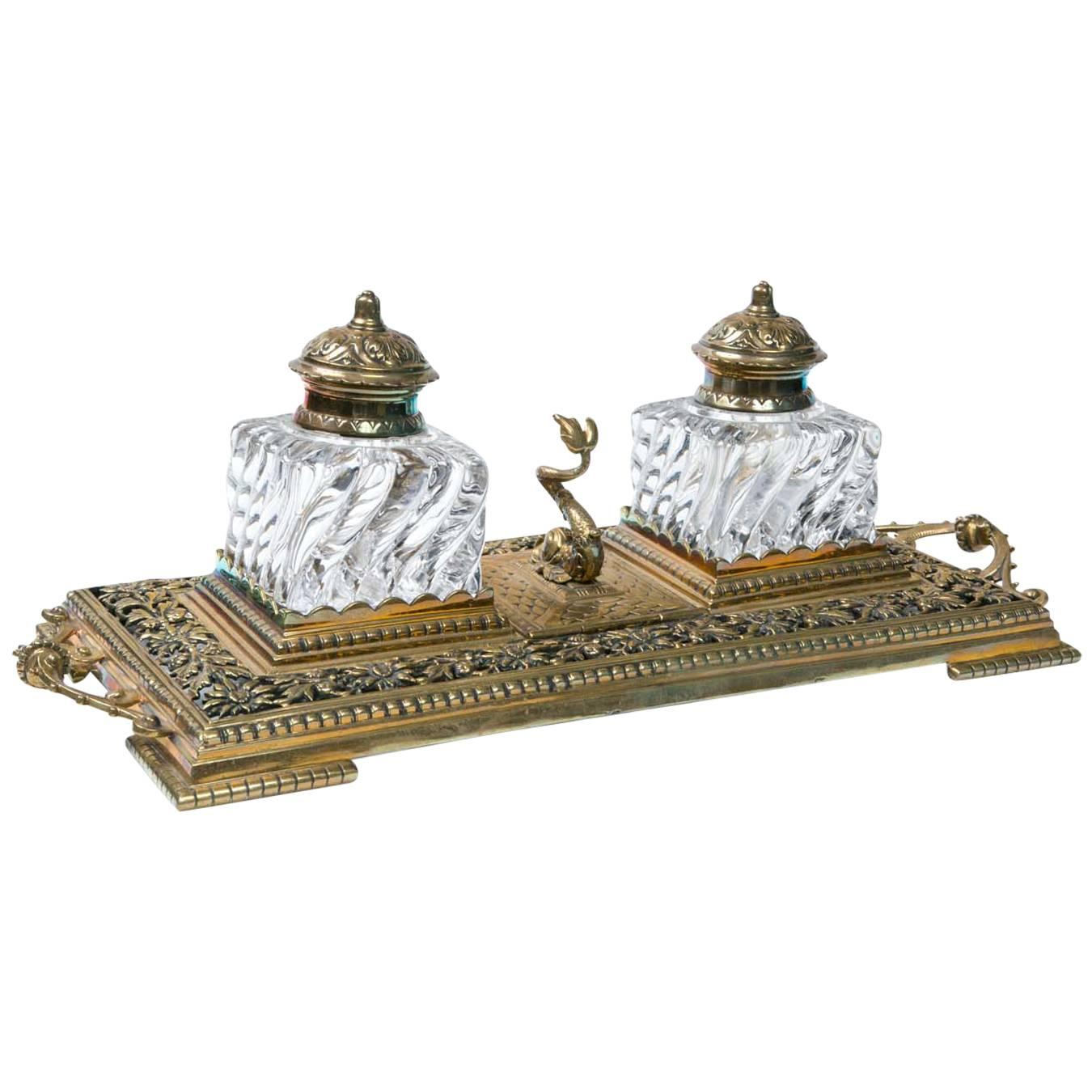 19th Century Crystal Inkwells in Brass Tray with Sturgeon Stamp Holder