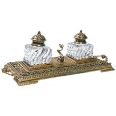 Antique 19th Century Crystal Inkwells in Brass Tray with Sturgeon Stamp Holder